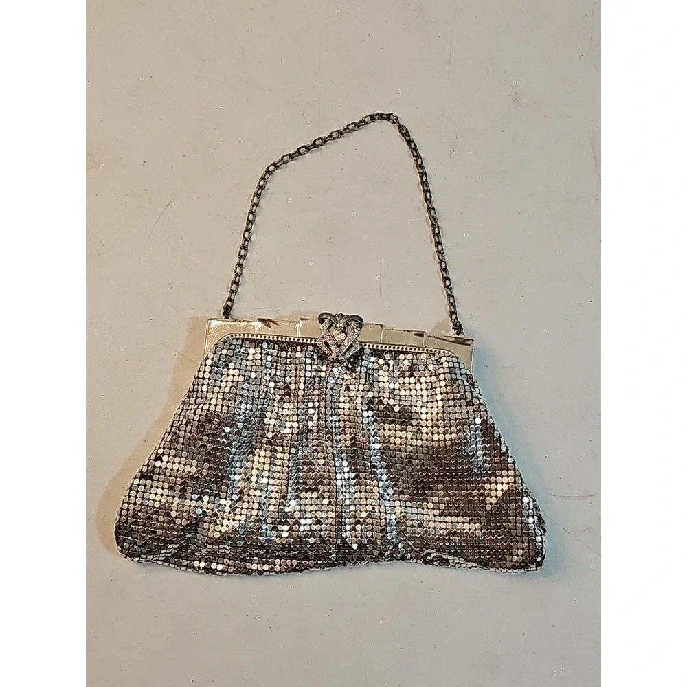 Vtg Whiting & Davis Silver Tone Mesh Evening Bag Purse Clutch w Rhinestone Clasp